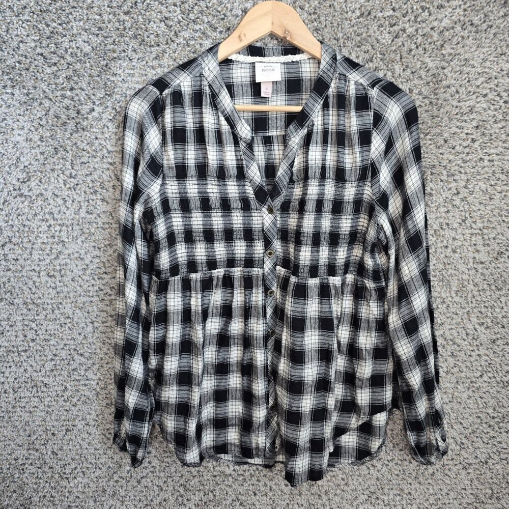 Knox Rose Top Womens Small Black Smocked Plaid Button Up Blouse Casual